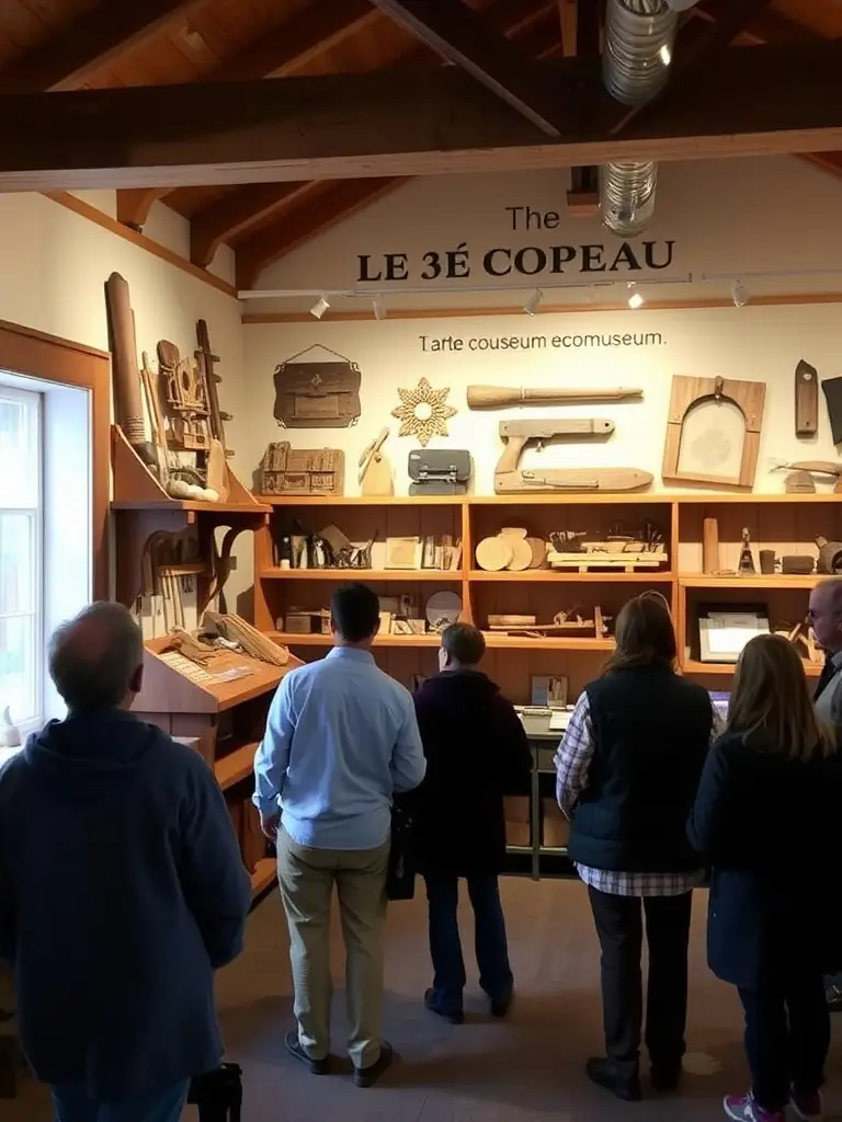 A photograph of the interior of the LE 3E COPEAU ecomuseum, showcasing a collection of antique woodworking tools and artifacts, with visitors observing the displays.