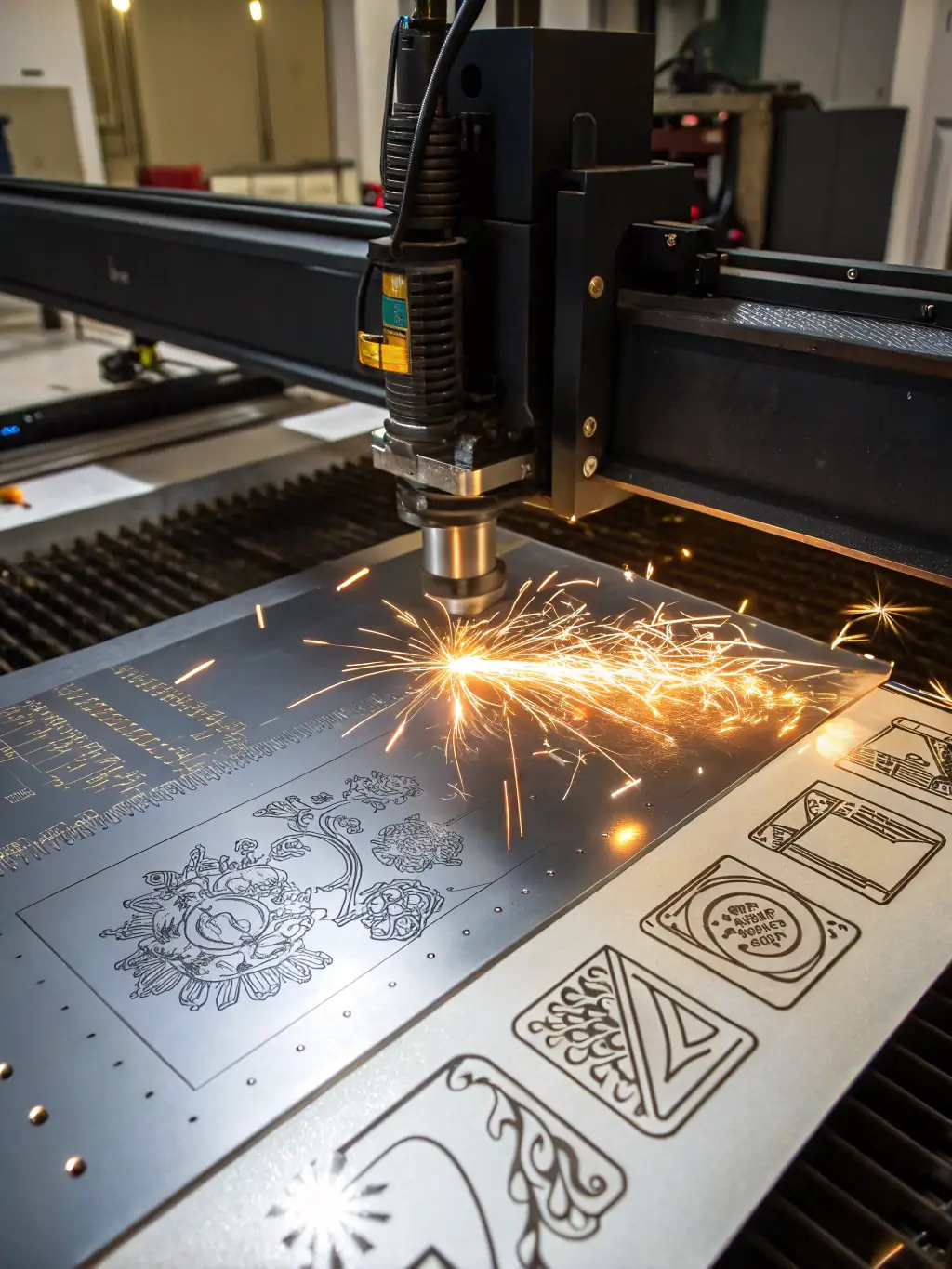 A close-up shot of a laser engraving machine in operation at LE 3E COPEAU, creating intricate designs on a wooden surface.
