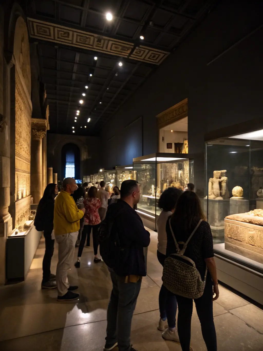 A group of visitors attentively listening to a guide during a tour of the ecomuseum, surrounded by vintage tools and artifacts that represent the region's rich history.
