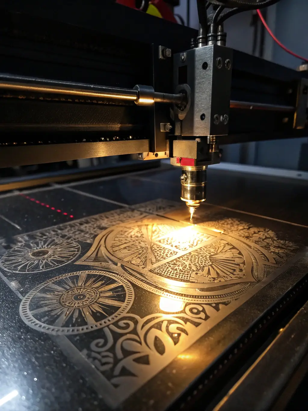 A laser engraving machine precisely etching a design onto a wooden surface, highlighting the modern technology used in conjunction with traditional crafts at LE 3E COPEAU.
