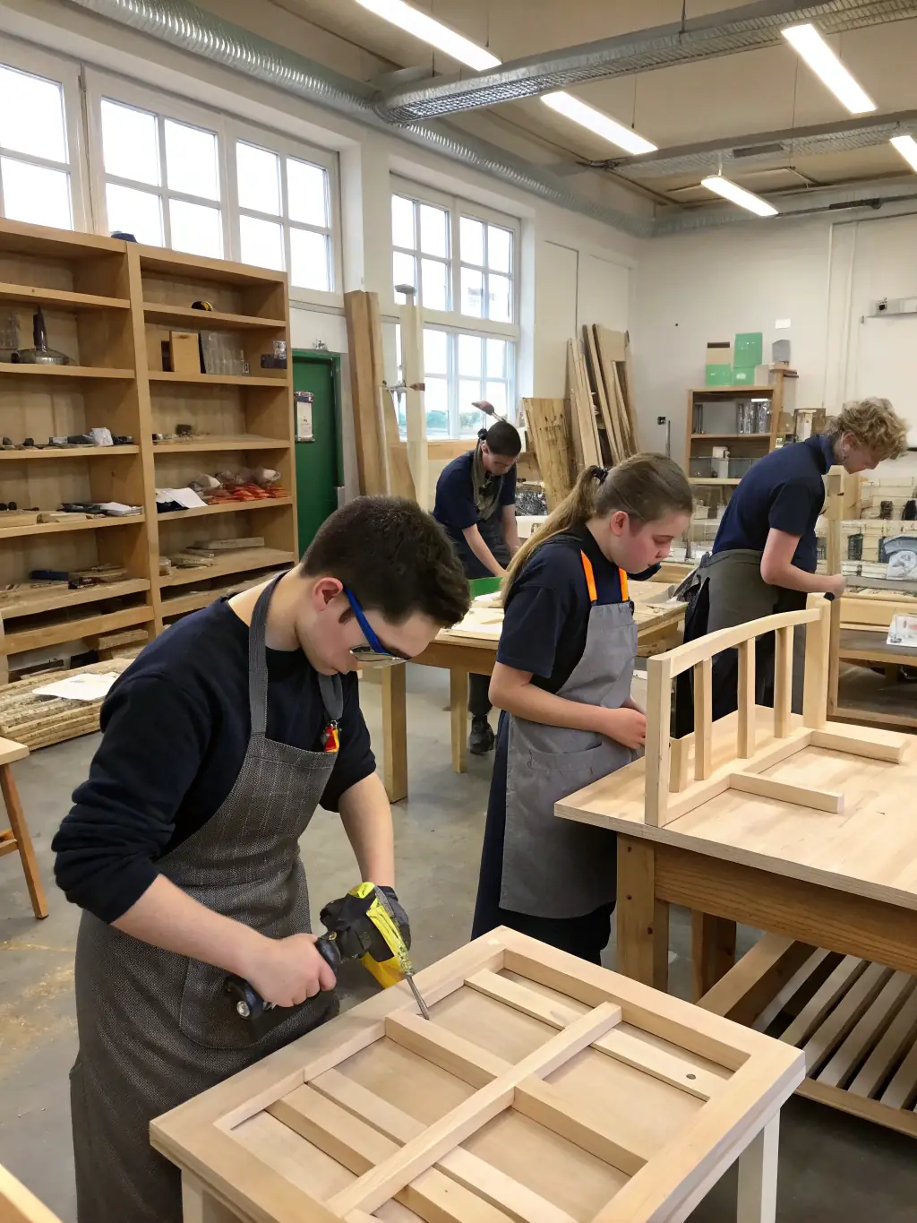 A group of participants actively engaged in a woodworking workshop at LE 3E COPEAU, guided by an instructor, shaping wood on lathes.